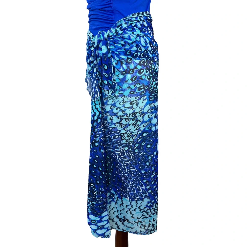 Women's Swim Coverup Long Sarong in Blue Print Sheer Waist Tie One Size